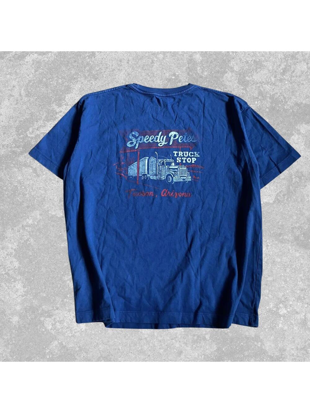 BDG Speedy Pete’s Truck Stop Graphic Tee Navy Large Oversized Trucker Shirt